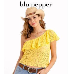 Blu Pepper Yellow Lace One Shoulder Ruffle Crochet Top Boho Summer